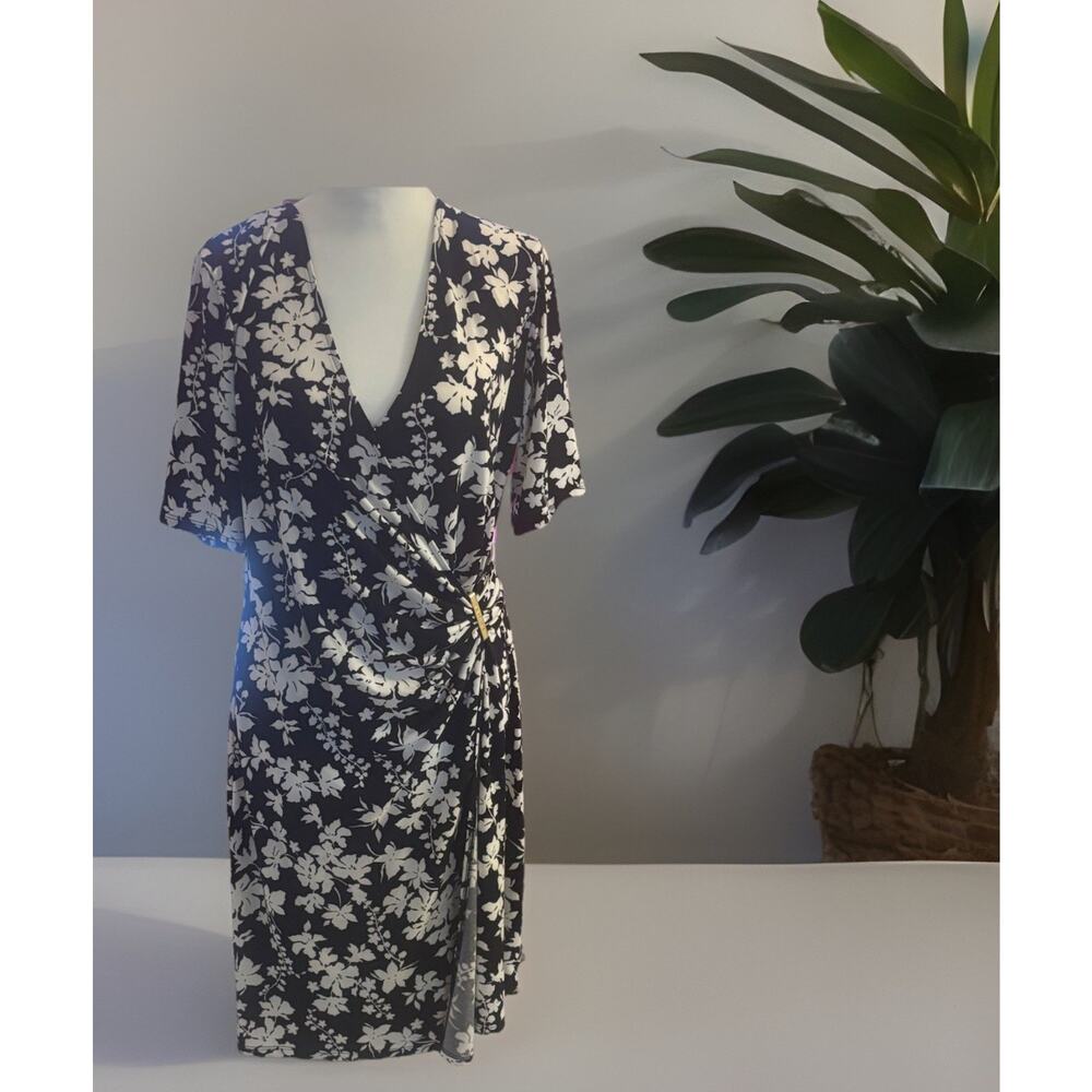 Michael Kors Floral Faux Wrap Dress L Black White Gold Bar Detail BWT MSRP $125
